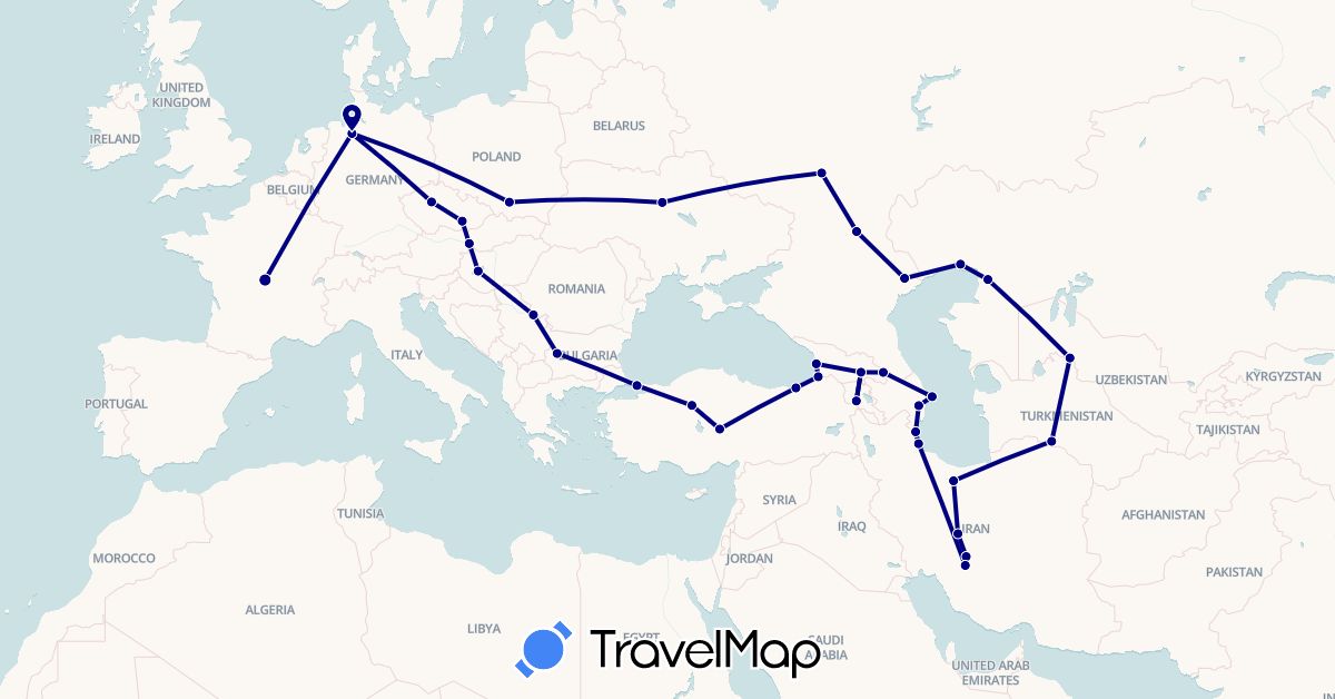 TravelMap itinerary: driving in Armenia, Azerbaijan, Bulgaria, Czech Republic, Germany, France, Georgia, Hungary, Iran, Kazakhstan, Poland, Romania, Russia, Slovakia, Turkmenistan, Turkey, Ukraine, Uzbekistan (Asia, Europe)